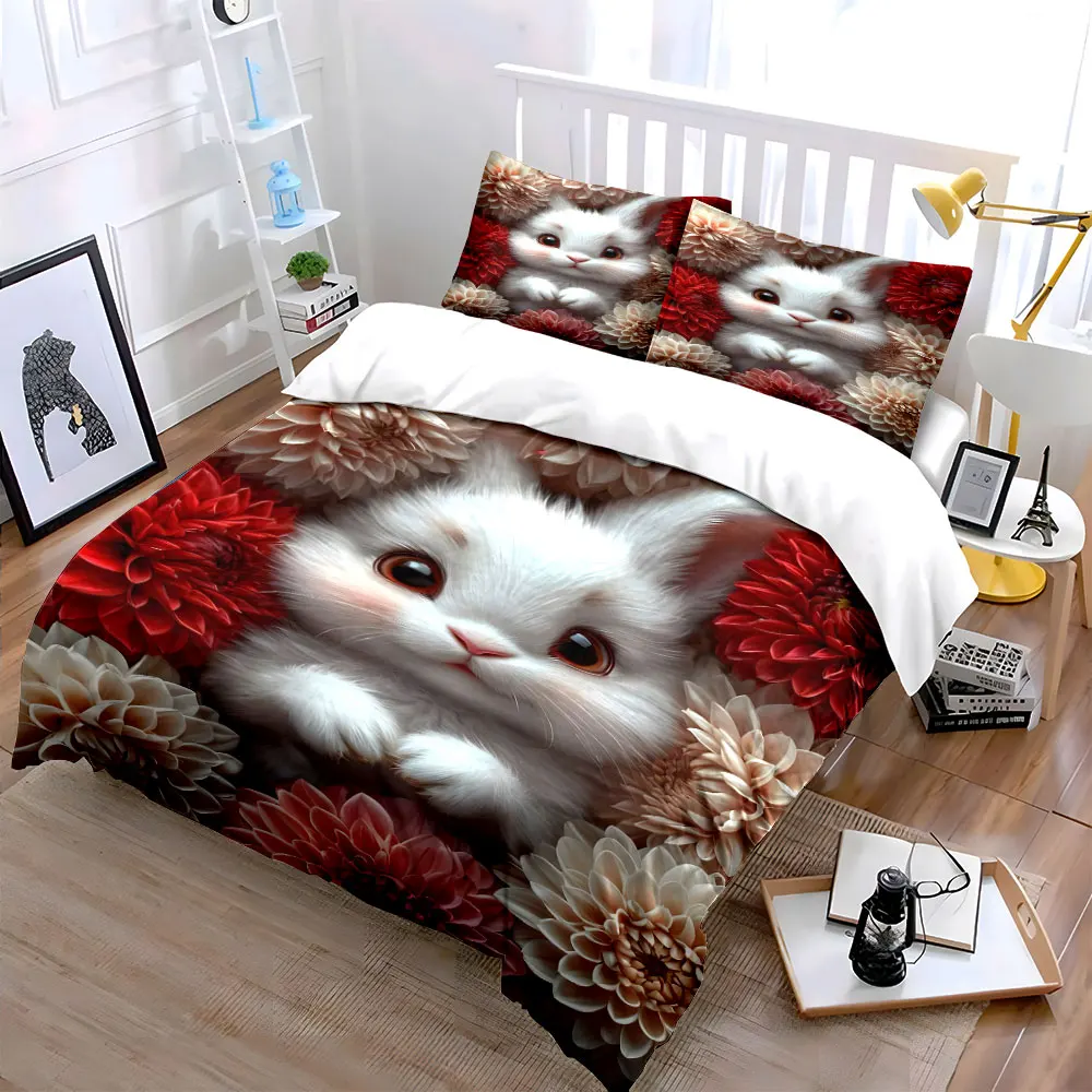 Charming White Bunny Surrounded by Flowers Print Bedding Set 1 Duvet Cover 2 Pillowcases for Adult and Children Luxury Gift