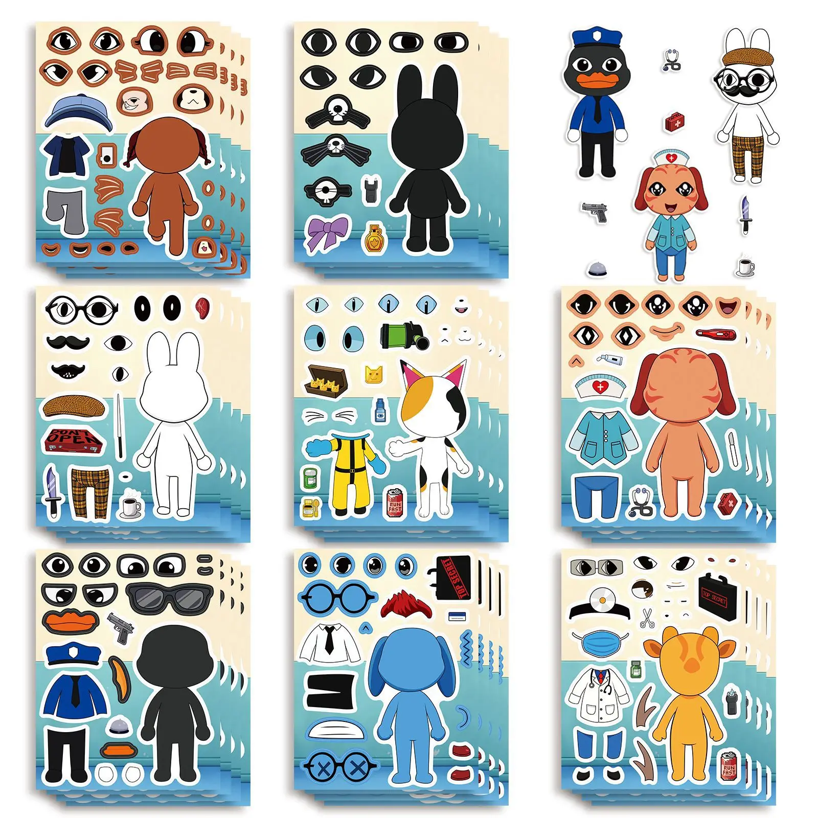 16Sheets Animal Hospital Plush Make a Face Puzzle Stickers Horror Style Cartoon Decal DIY Luggage Phone Guitar Fridge Kid Toys