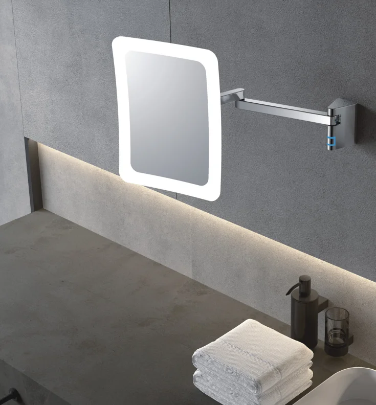 مرآة حمام مربعة من الكروم مثبتة على الحائط 5x مرآة مكياج مكبرة بإضاءة ليد