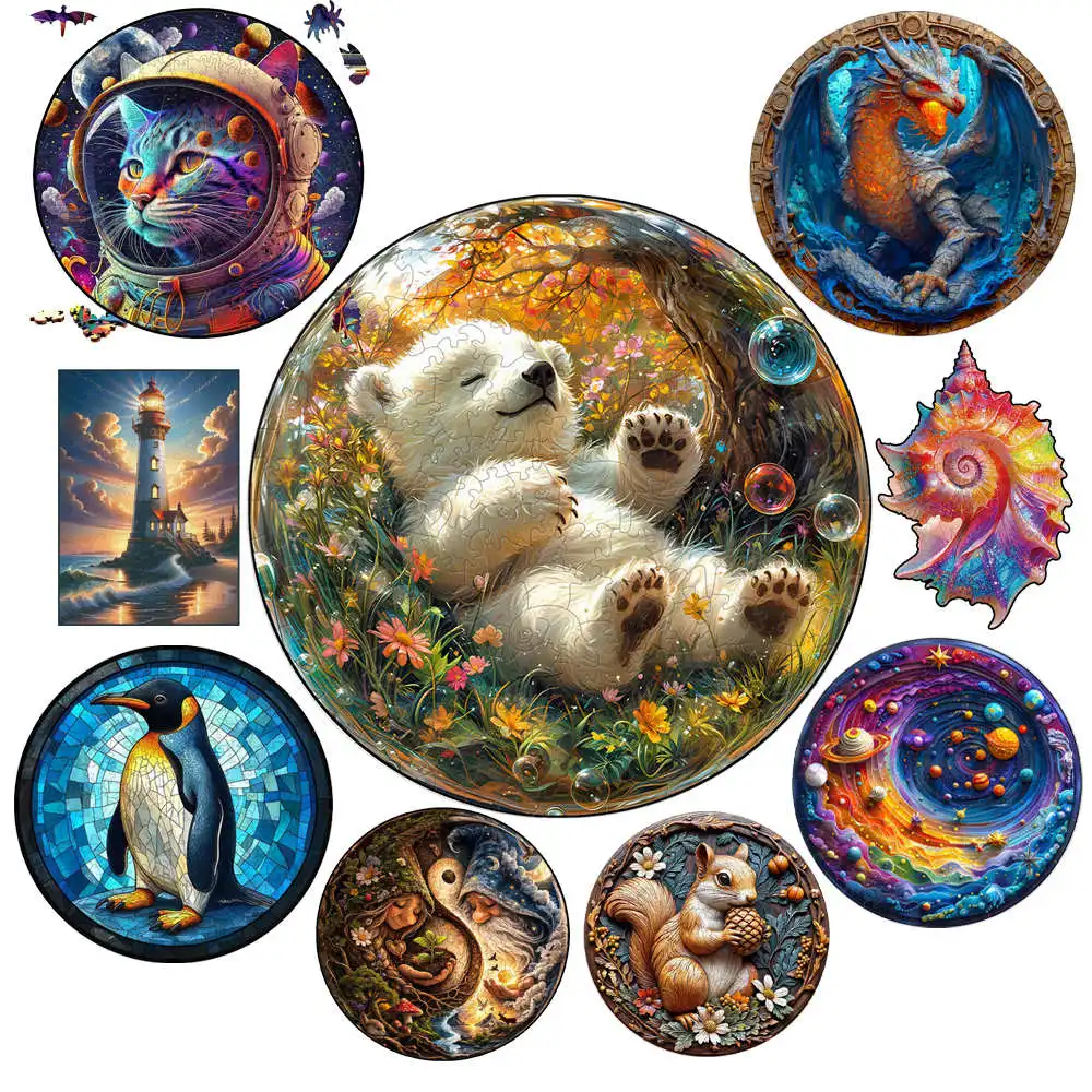 Holztier-Puzzle für Erwachsene und Kinder Liebliches Schlafendes Bären-Puzzle Fantasie-Kreaturen zur Dekoration Einzigartiges Holzpuzzle-Spielzeug