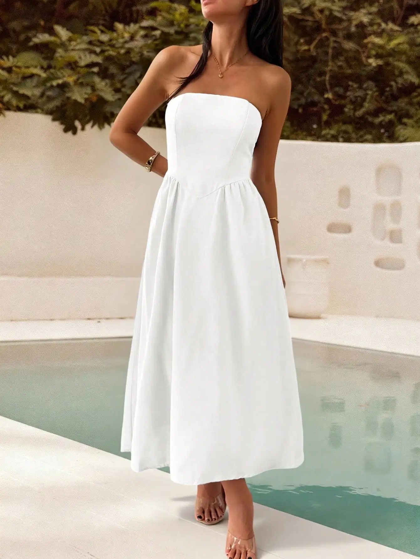 

Женское элегантное платье миди без бретелек А-силуэта для пляжного отдыха и путешествий