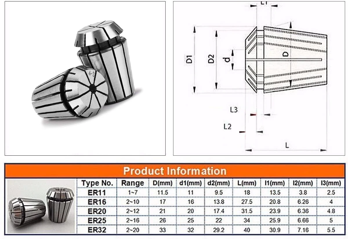 1pc ER20 1-13MM 1/4 6.35 1/8 3.175 1/2 12.7 1 1.5 2 2.5 3 4 5 6 7 8 Spring Collet Set For CNC Engraving Machine Lathe Mill Tool