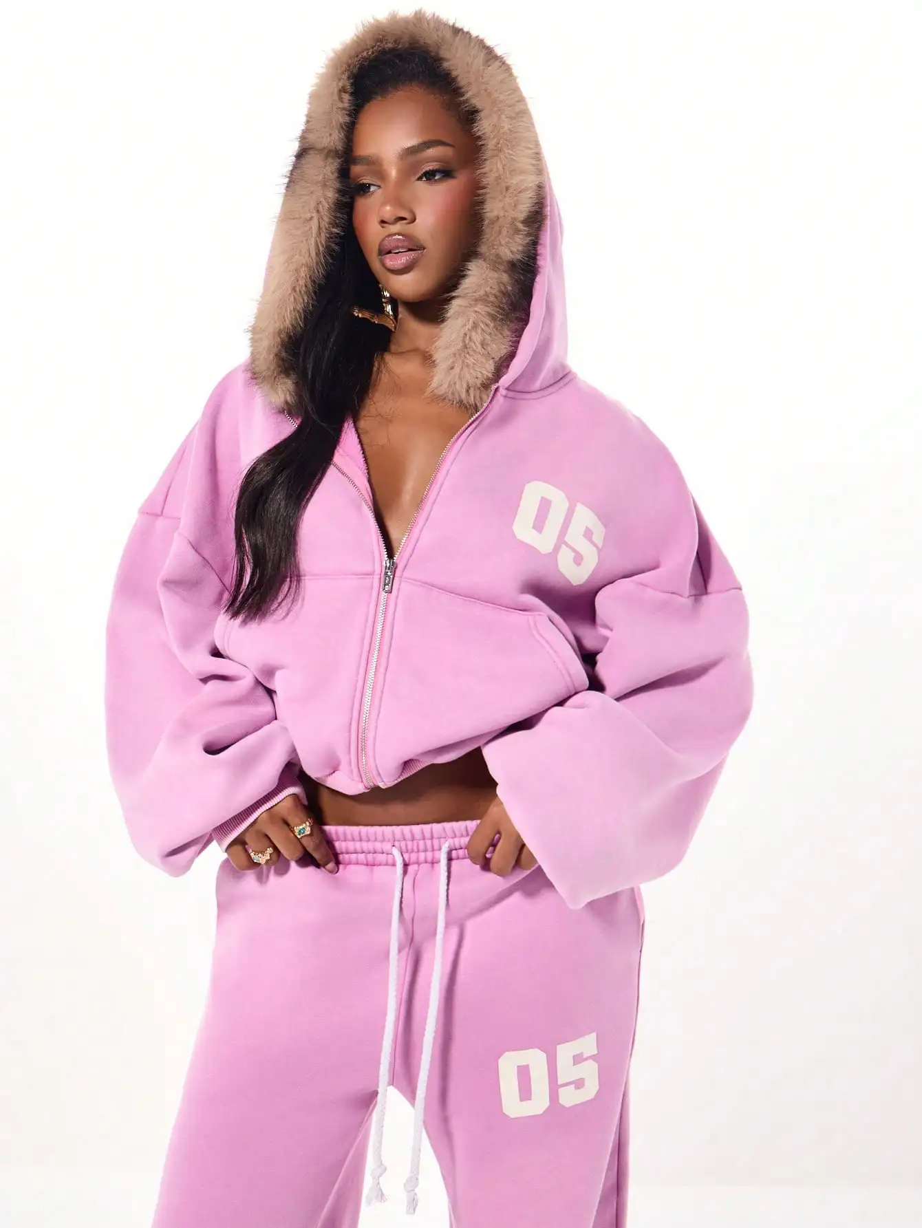 

Pink Oversized Zip-Up Hoodie with Faux Fur Lined Hood & Cropped Fit, Athleisure Loungewear Set