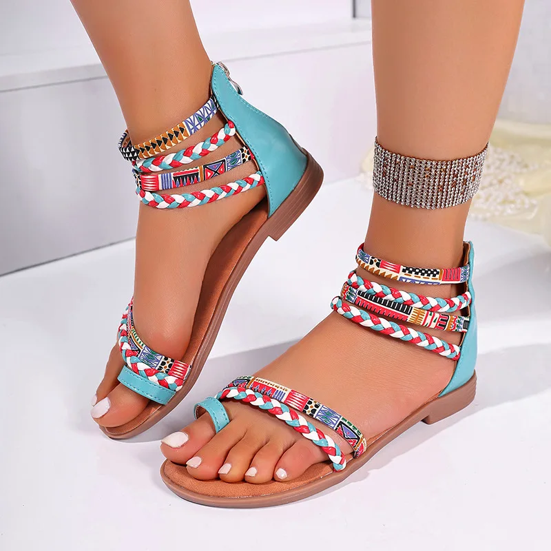 

Summer Sandals for Women Flat Sandals Fashion Bohemia Beach Shoes with Zipper Gladiator Dress Sandals Ankle Slippers