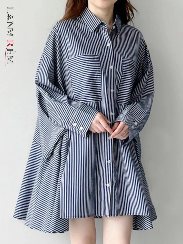 

[LANMREM] Minimalism Split Spliced Batwing Sleeve Striped Midi Shirts Women's Lapel Single Breasted Casual Blouses 2024 CP1963