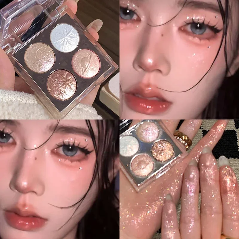 Paleta Cieni do Powiek z Brokatem w 4 Kolorach, Połyskujący, Wielokolorowy, Fioletowy, Efekt Diamentowy, Puder do Pieczenia, Makijaż na Ciało, Twarz, Sceniczny, na Imprezę