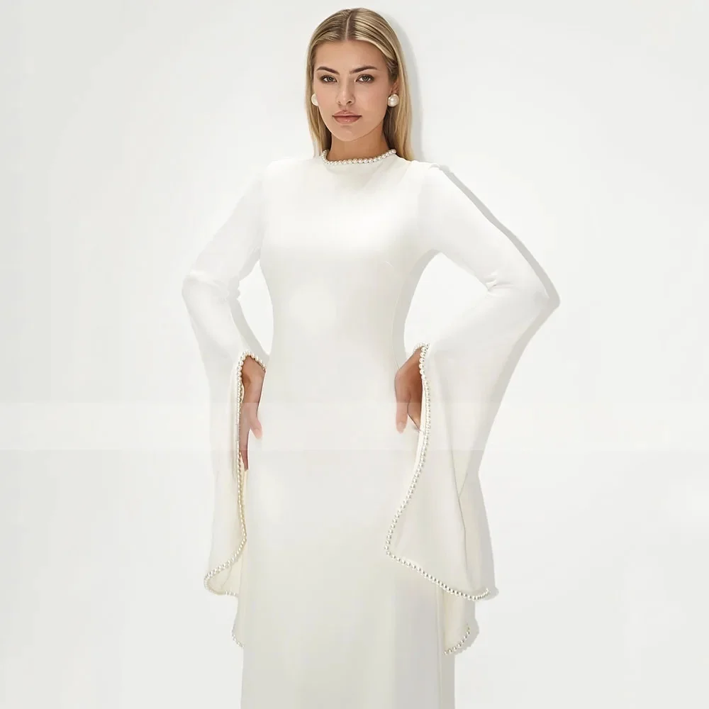 

Роскошное вечернее платье с высоким воротом и длинными жемчужными рукавами, облегающее платье макси, свадебное платье, вечернее платье для женщинفساتين