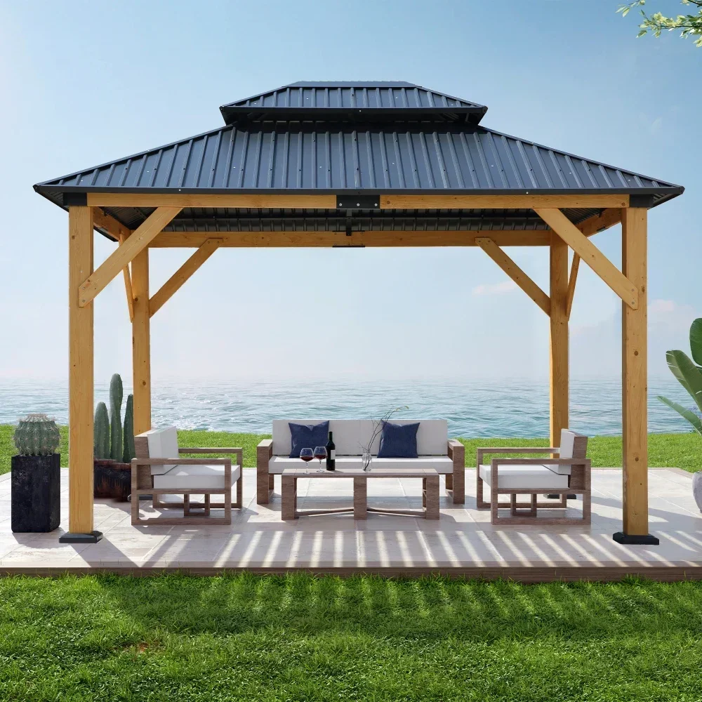 Fir Wood Carport Pavilion Gazebo, Wooden Coated steel Frame Canopy with Steel Double Roof, Outdoor Permanent Metal Pavilion