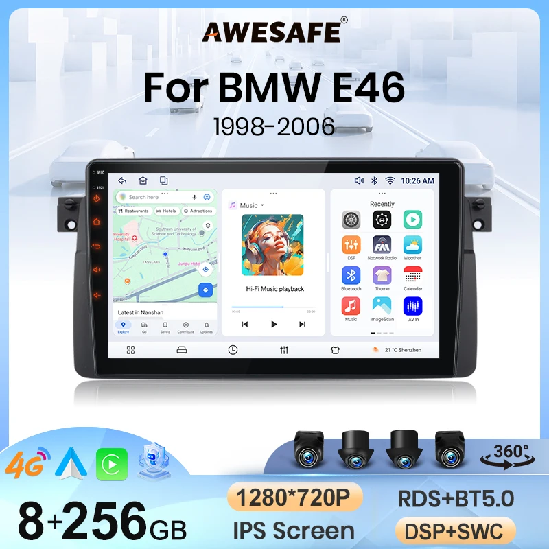 Autoradio sans fil AWESAFE CarPlay Android Auto pour BMW E46 M3 318/320/325/330/335 1998-2006 2 DIN Stéréo multimédia avec ventilateur de refroidissement intégré Systèmes intelligents Écran tactile Lecteur vidéo Unité principale Autoradio Navigation Bluetooth GPS SWC 4G WIFI