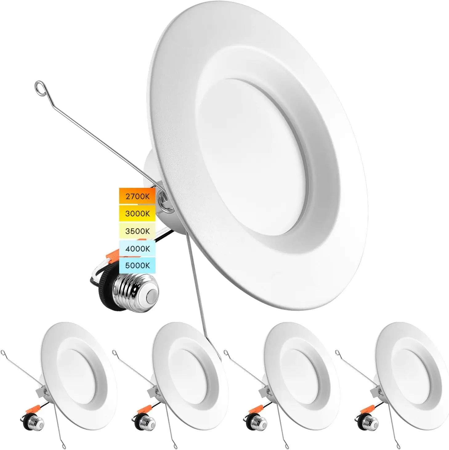 

5/6 Inch LED Recessed Downlight, 14W=90W, Dimmable, 1100 Lumens, CCT Adjustable 2700K-5000K, Wet Rated, Energy Star (4 Pack)
