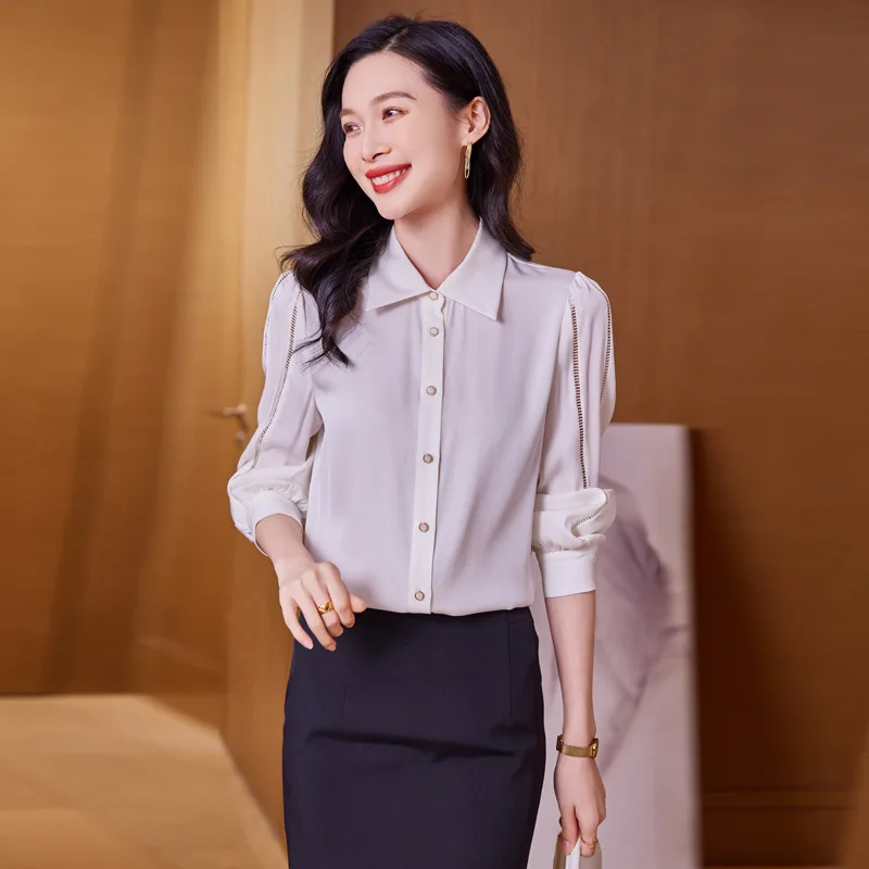 BirdTree 91.2%Real Silk Elegant Shirt For Women, Long Sleeve Hollow Out, Fashion Temperament Blouse, 2024 Spring New T42883QC