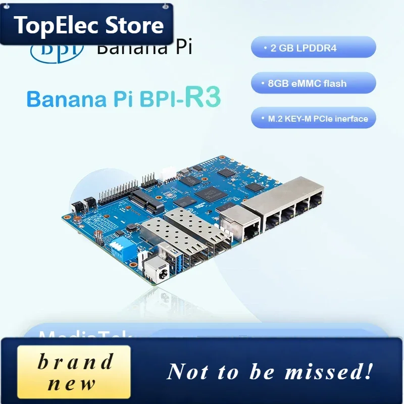 TopElec Banana Pi BPI-R3 MediaTek MT7986 Quad Core Cortex A53+MT7531Chip 2G DDR RAM 8G EMMC Support Linux 5.4 EC25 LTE 4G SD Car