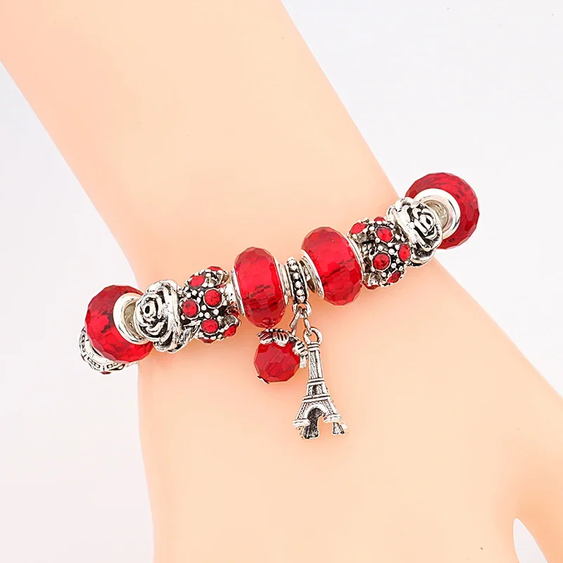 Elegant Red Crystal Women\'s Bracelet with Charm Silver Color Eiffel Tower Flower Bead Bracelet Valentine\'s Wedding Gift