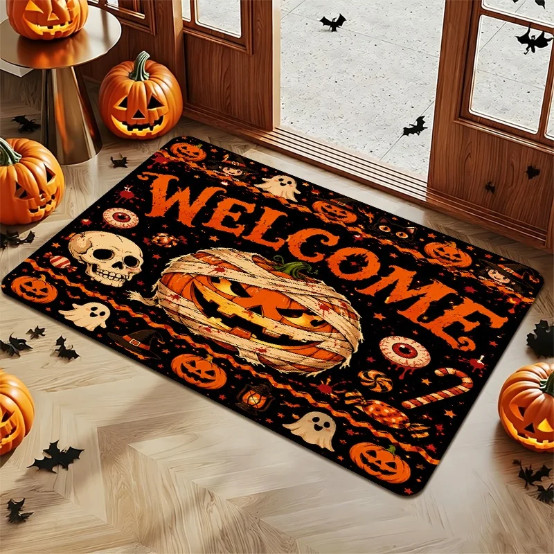 Halloween Welcome Skull Pumpkin Doormat, Mummy Pumpkin Ghost Print Entry Mat, Spooky Holiday Front Door Decor Rug