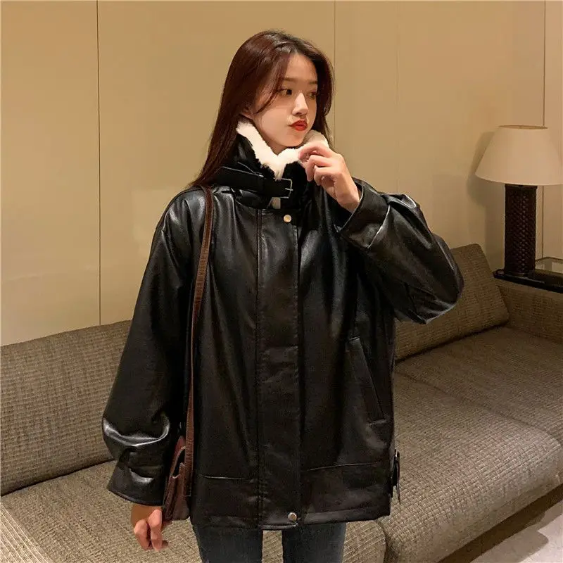 Imagem -04 - Cabolsa de Couro Retrô Grosso Quente Feminino Peludo Solto Integrado Lapela Jaqueta de Manga Longa Streetwear Feminino Coreano Outwear Inverno