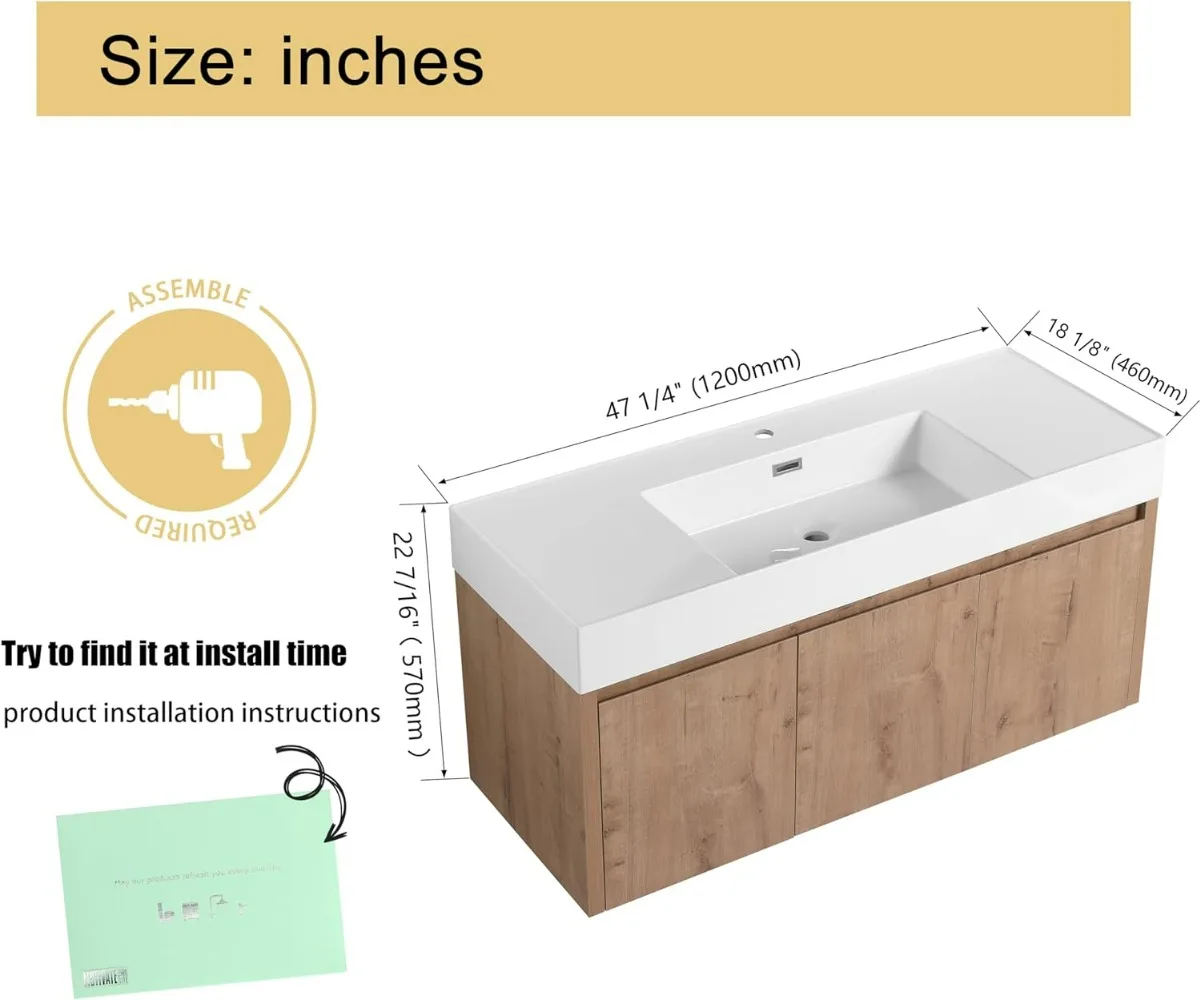 48 Inch Floating Bathroom Vanity with Sink, 48'' Single Sink Wall Mounted Bathroom Vanity, with 2 Doors and Resin Basin Sink