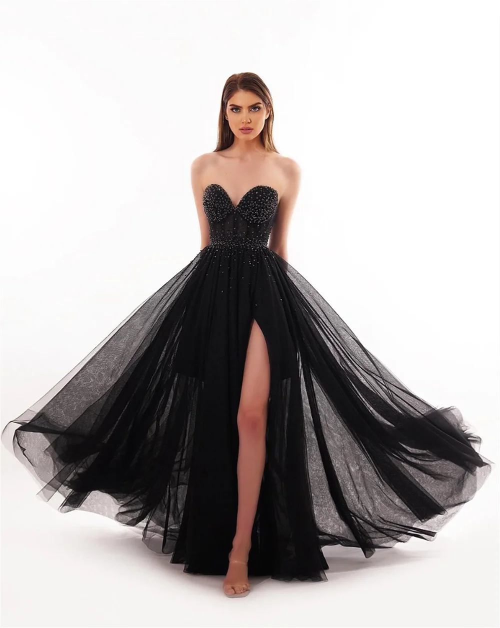 Annie Black Glitter Beads Prom Dresses Strapless Tulle Evening Dresses Formal Occasions Party Dress 2024 Vestidos De Noche