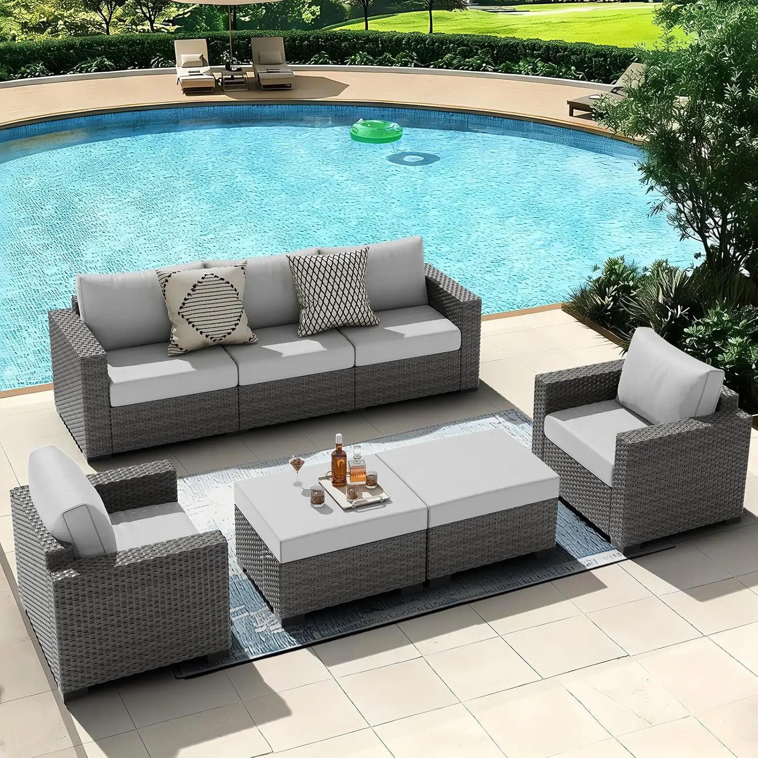 7-Piece Wicker Patio Furniture Set with Thick Cushions Weather-Resistant Grey Conversation Set for Deck Porch Poolside, Customiz
