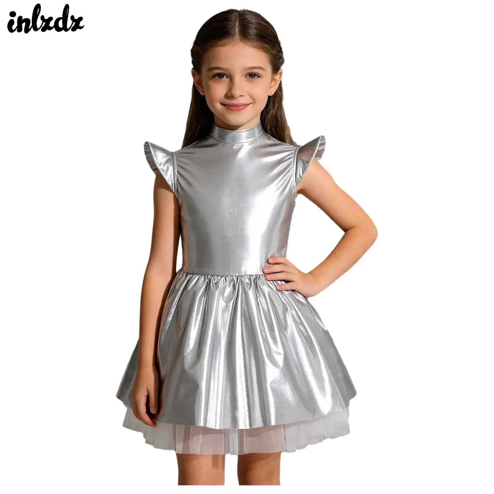 

Girls Alien Astronaut Space Cadet Dress Up Carnival Cosplay Costumes Glossy Back Invisible Zipper Ruffled Tutu Robot Dress