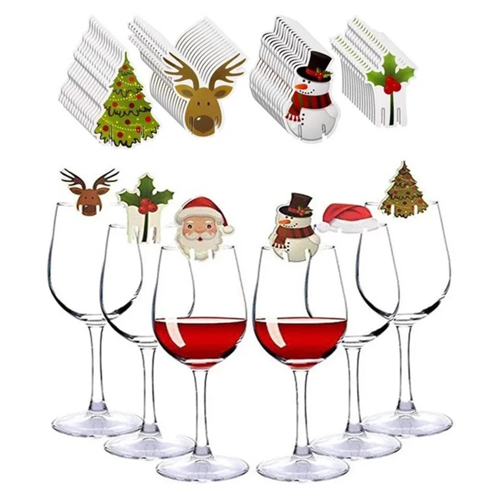 20pcs Christmas Wine Glass Card Red Wine Glass Deer Insert Card  2025 New Year Holiday Home Ornament Christmas Decorations