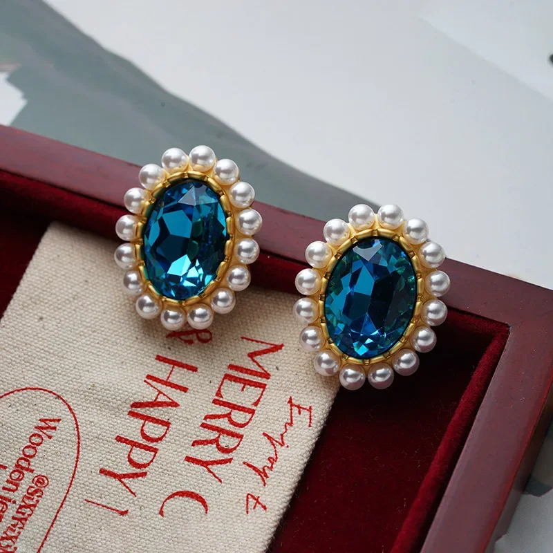 Vintage Court Style Blue Coloured Glaze Ellipse Stud Earrings Temperament Imitation Pearl Ear Stud  for Woman Lady Jewelry Party