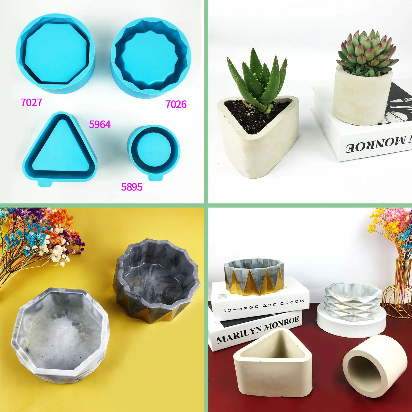 3D Flower Pot Silicone Mold DIY Diamond Pattern Flower Pot Mold Triangle Round Shaped Silicone Mould For Resin Making