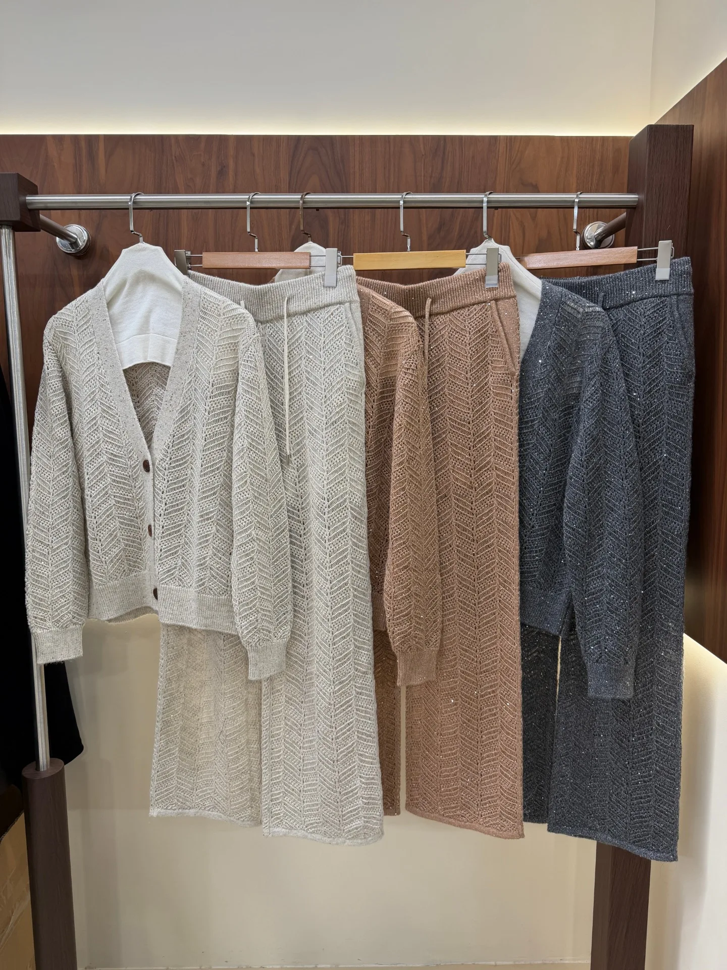 Women Chevron Hollow Knit Two-Piece Cardigan & Wide Leg Trousers Set
