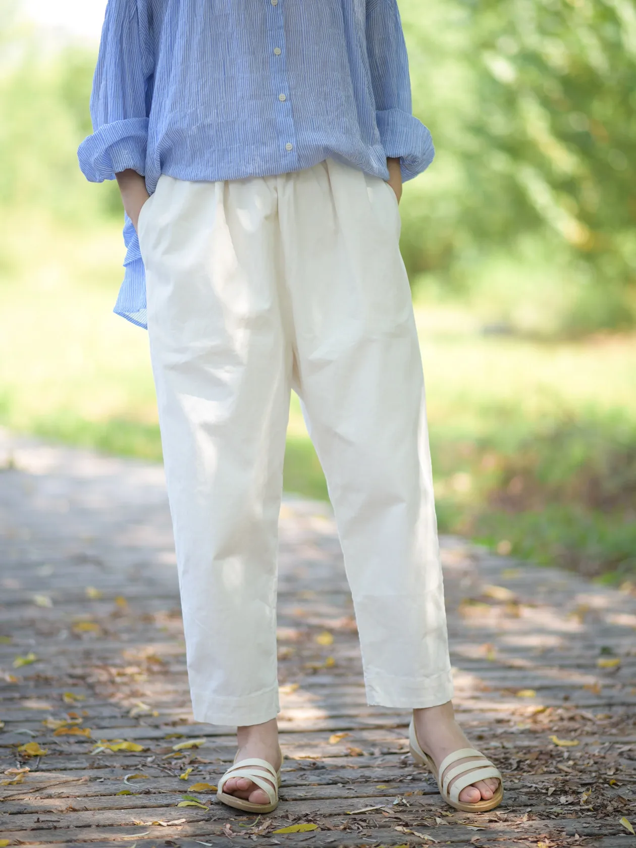 

Weiyang Forest Autumn Thi Elastic Chiffon Pants Loose Waist Slim Fit Nine Point Casual Cotton Harlan Pants for Women
