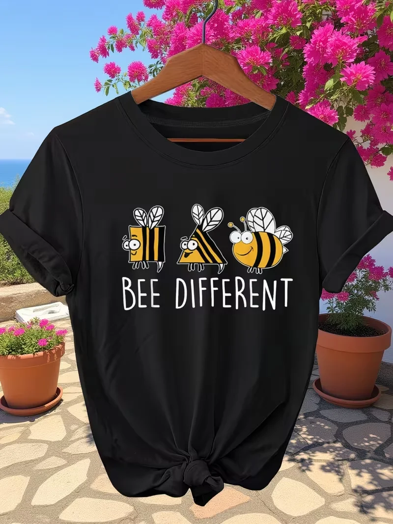 2026 Unique Parade of Bees Promoting The Fun of Words Women'S Round-Neck T-Shirt Print Pattern That Says BEE DIFFERENT