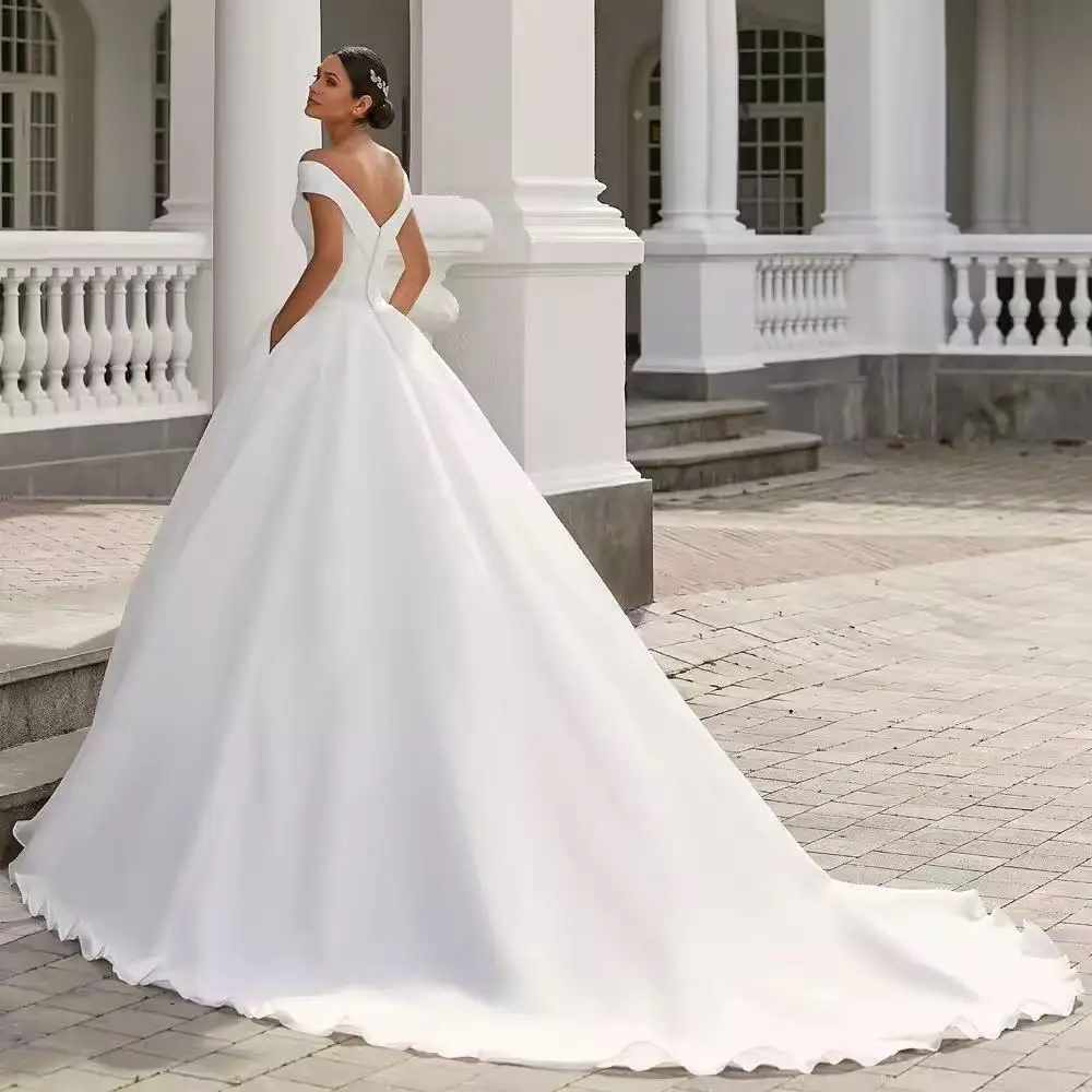 Customized A Line Wedding Dresses Women Off The Shoulder Satin Classy Bride Party Dress Bespoke Vestidos De Novia Bridal Gown