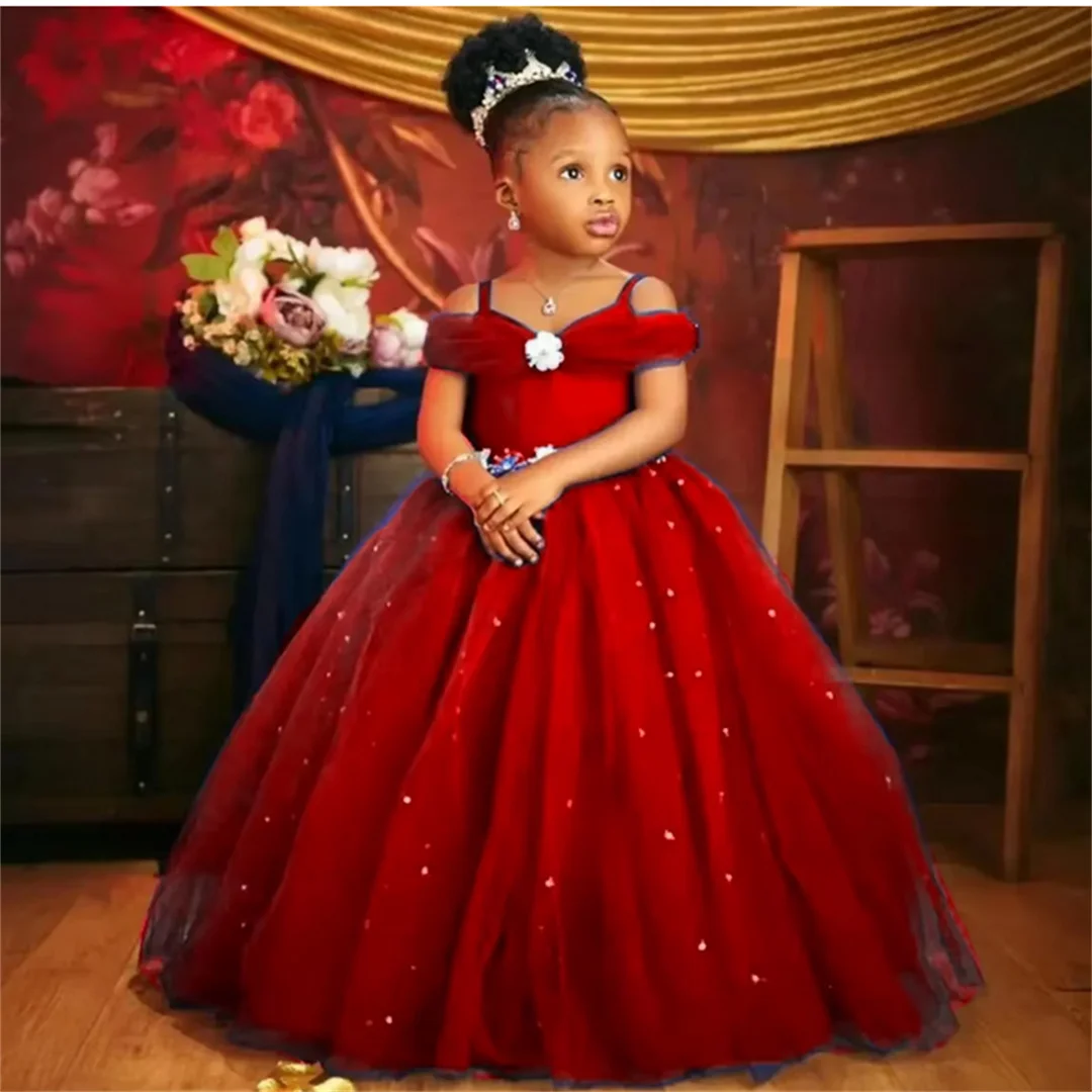 Customized Red Flower Girl Dresses For Wedding Tulle Beading Pearls Puffy Off Shoulder Kids Birthday First Communion Ball Gowns