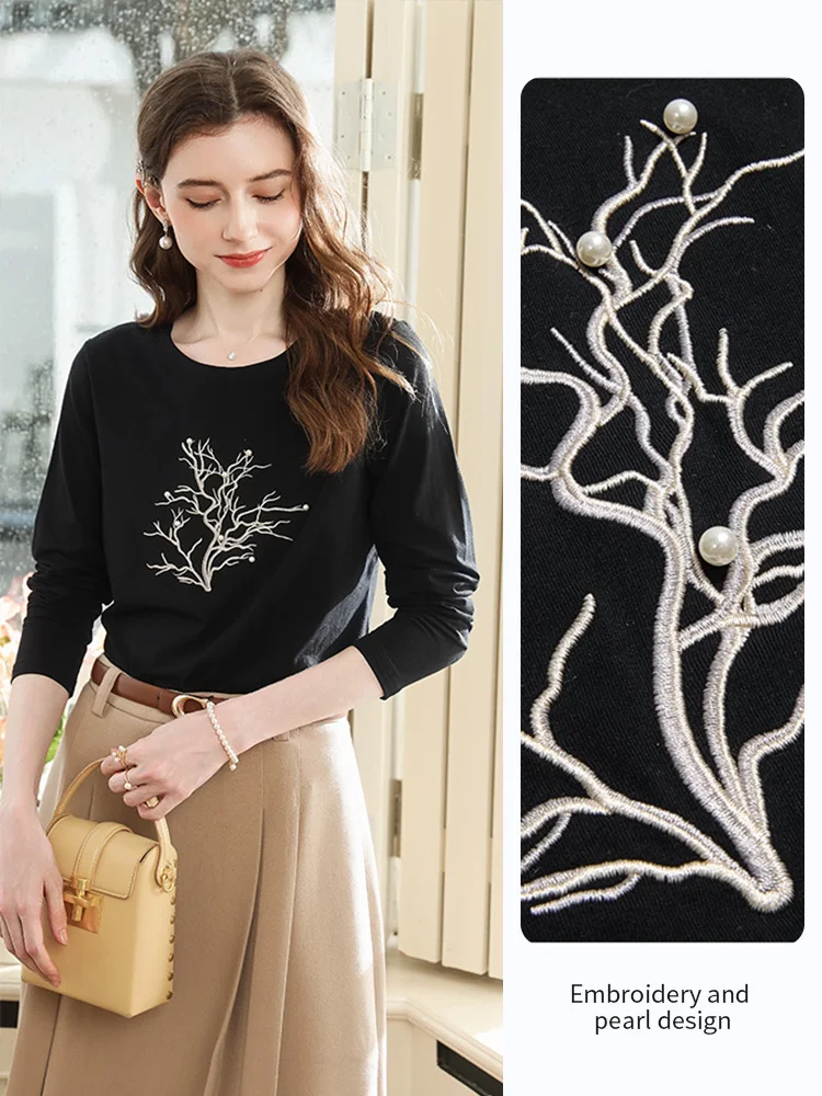 Eu acredito que você camiseta de manga comprida feminina 2025 outono moda preto bordado prego grânulo casual topos roupas femininas 2253016106