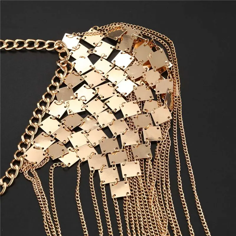 Eco-Friendly-3X Vintage Punk Harness Bikini Body Link Epaulet Shoulder Chain Necklace Collar Dangling Tassel Gold