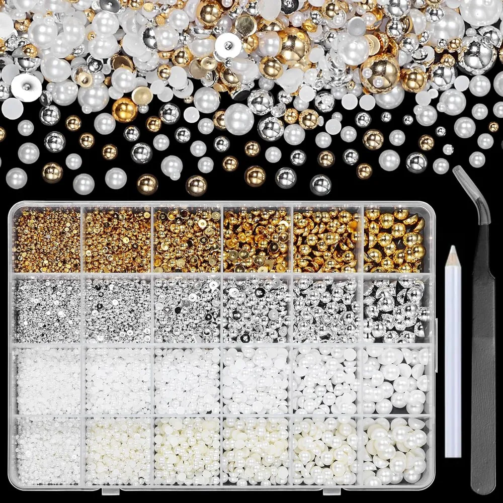 

24Grids Gold Silver White Pearl Beads Nail Charms Flatback Pearl Rhinestone Nail Gems Beads Manicure Supplies with Dotting Tools