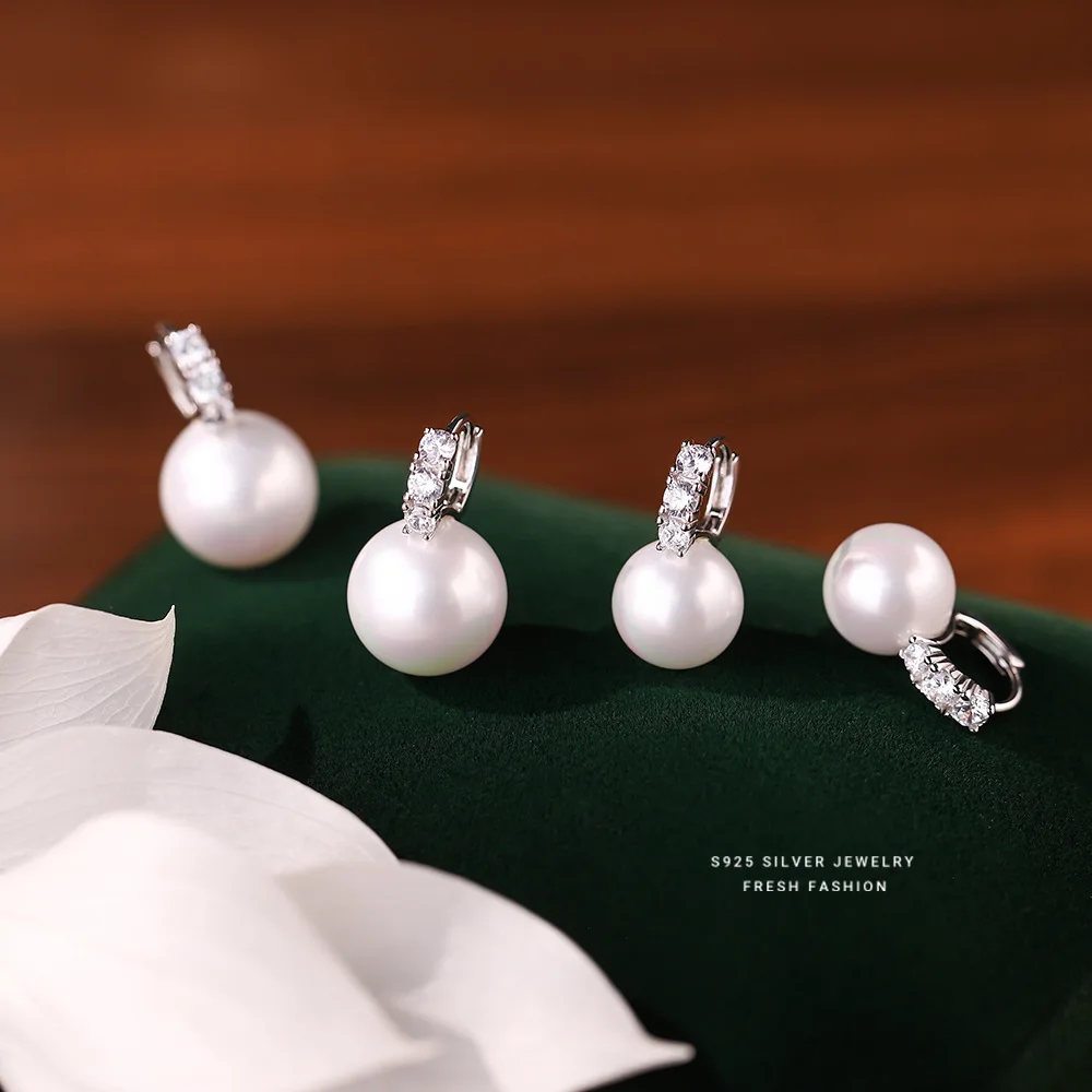 

925 Sterling Silver Inlay Zircon Shell Pearl Earrings for Women French Light Luxury Temperament Elegant Jewelry