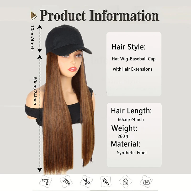 24Inch Kpop Synthetic Long Straight Baseball Hat Adjustable Wig Black Brown Hairpiece for Festival Women