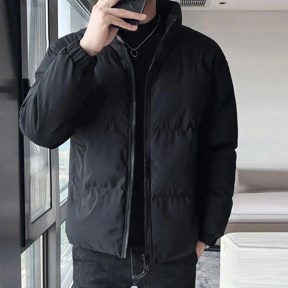 Winter Cotton Coat Thick Plush Padded Jacket Long Sleeve Windproof Neck Zipper Closure Smooth Men Down Jacket