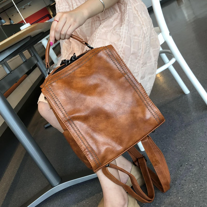 Imagem -02 - Split Couro do Couro Mochila Coreano Simples Bolsa de Viagem Mensageiro All-match Casual Moda Feminina Rebite Bolsa 2023