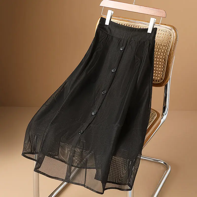 Vintage Skirt Women Patchowrk Gauze A-line Jupe Single Breasted High Waist A-line Saia Summer Skirts 2025 Faldas Mujer De Moda