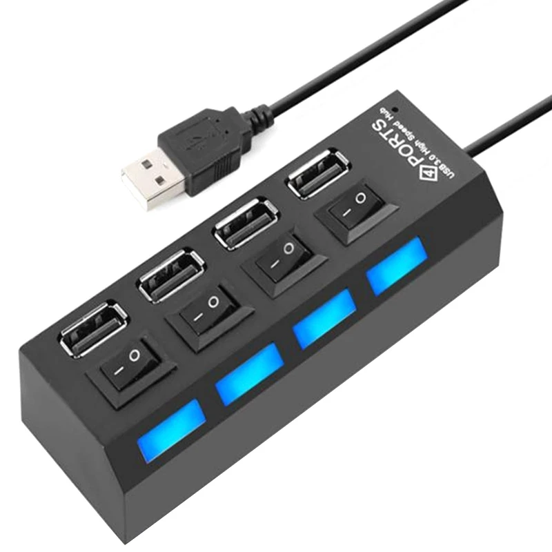 4 Ports USB Hub Splitter USB 2.0 Hub LED with 4 ON/OFF Switches for Tablet Laptop Computer Notebook