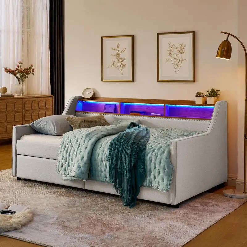 Twin Size Upholstered Sofa Bed with LED Lights, Adjustable Headboard, Storage Drawers, Wireless Charging, Linen Padded Frame,