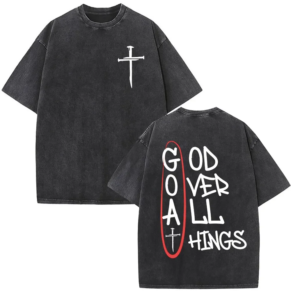 

Washed Vintage Christian Jesus God Over All Hings T-shirts Summer Men Women Fashion Casual Tshirt Unisex Oversized Streetwear