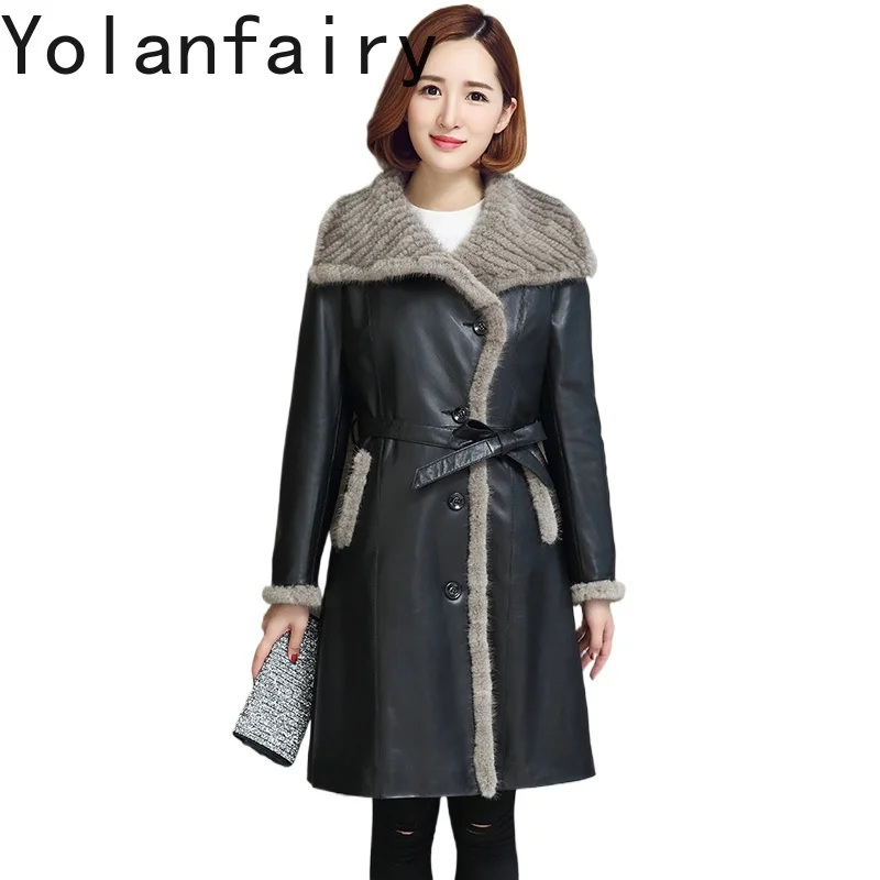 YOLANFAIRY Real Sheepskin Genuine Leather Jacket Women Autumn Winter Luxury Mink Fur Liner Coat Woman Mid-long Trench Fur Coats