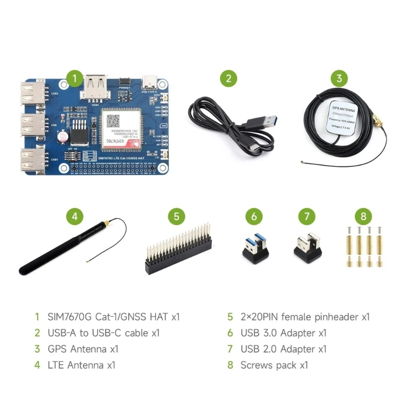 Cat-1/GNSS HAT for RPi 5 Base On SIM7670G Module Global Multiple Bands Cat-1 Support GNSS 3x USB2.0 Extended Module