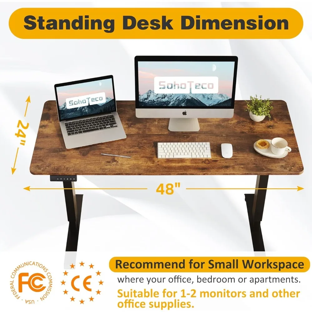 Electric Stand Up Desk, 48x24 Computer Desk with Memory Presets for Home and Office, Black Frame & Brown Desktop