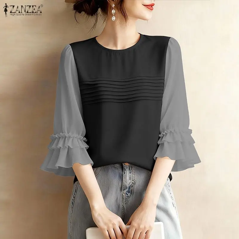 

2026 ZANZEA Летняя элегантная рабочая рубашка, женская блузка в стиле пэчворк, повседневный топ с круглым вырезом и рукавом 3/4, с рюшами, для отпуска, Blusas Mujer Femme