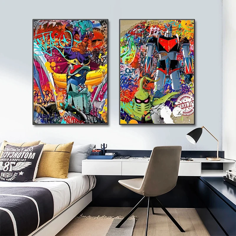 Abstract Graffiti Robot Cartoon Poster Grendizer Street Art Prints Colorful Goldorak Warrior Wall Art Canvas Painting Room Decor