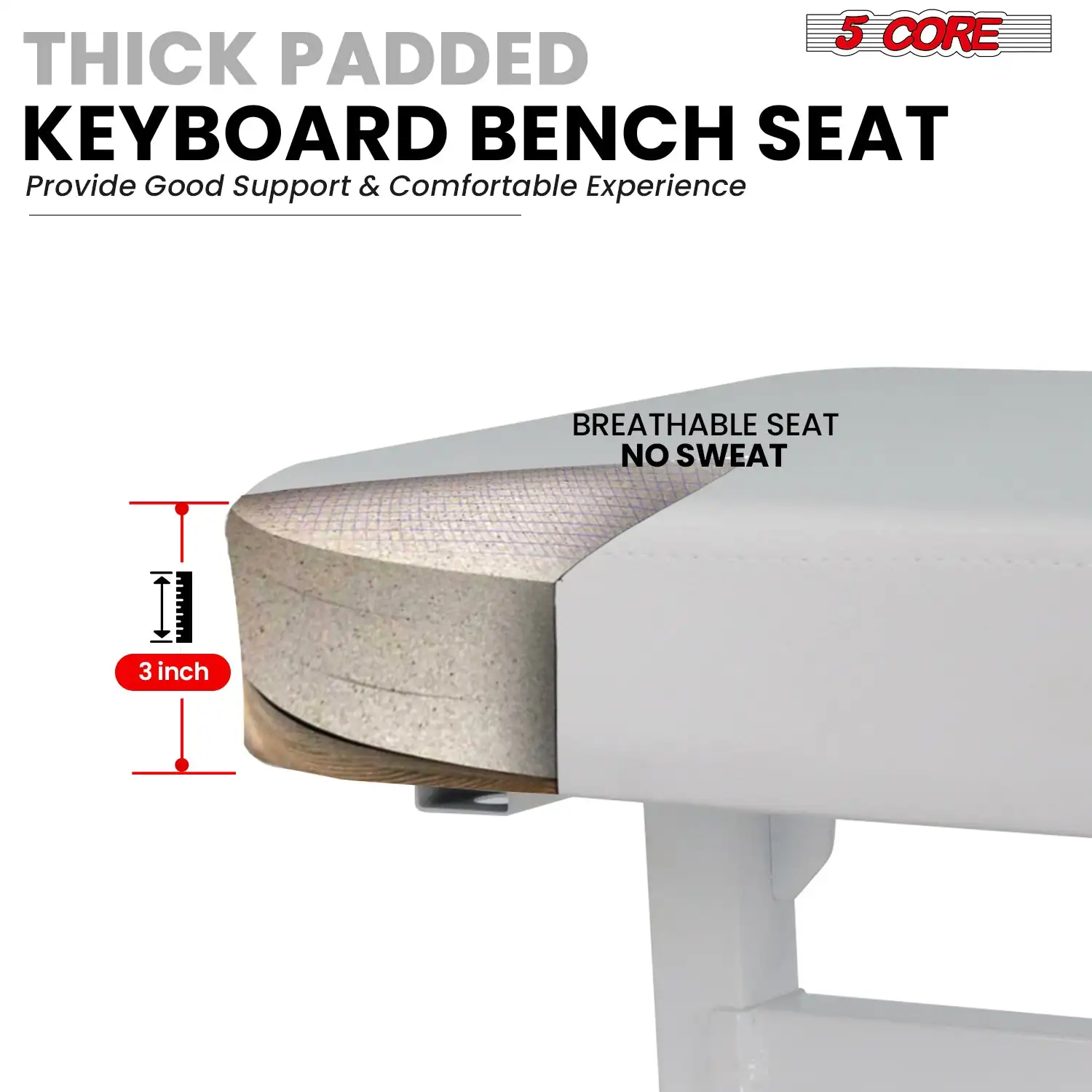 5 الأساسية لوحة المفاتيح مقعد البيانو البراز سميكة مبطن مقعد ارتفاع قابل للتعديل لوحة المفاتيح كرسي KBB H-ADJ WH
