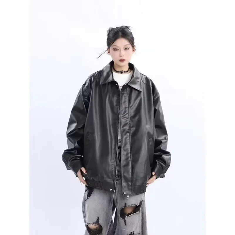 Women's Jacket Loose Long Sleeves Brown Lapels Zipper Leather Jacket Autumn Winter Casual Tops Black PU Leather Motorcycle Coat