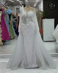 Arabic Aso Ebi Off White Mermaid Party Dresses 3D Leaf Design Rhinestones Pearl Prom Dress With Detachable Train Evening Gowns